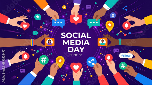 Social media day celebration with hands holding icons likes comments shares and notifications global communication concept for marketing banner poster and digital campaign use