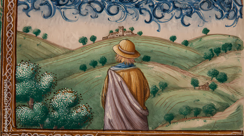 Solitary shepherd figure in a vast pasture, with herd animals scattered far in the distance across the horizon