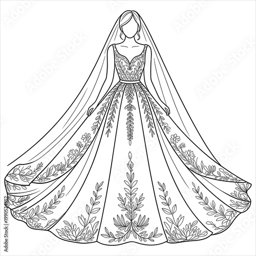 Line of a bride in a floral embroidered wedding dress and veil