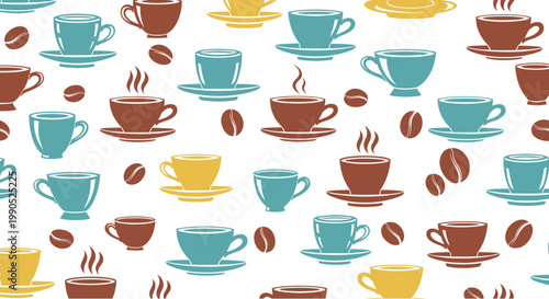 Seamless Coffee Pattern Vector Illustration Featuring Colorful Cups and Roasted Beans for Cafe Branding and Kitchen Decor Backgrounds