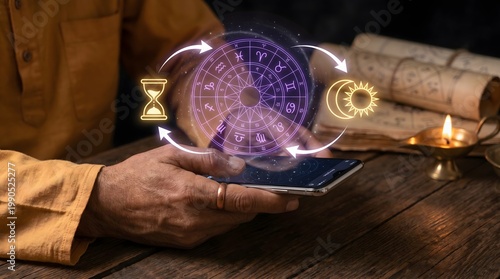 Astrologer using smartphone with astrological transit mapping holographic interface