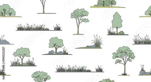 Seamless Pattern of Architectural Trees and Shrubs Vector Illustration for Landscape Design and Garden Planning Projects