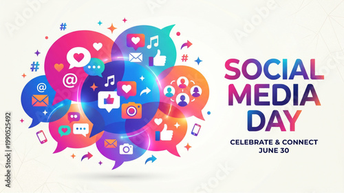 Social media day celebration concept with colorful chat bubbles icons likes messages and digital networking design for marketing banner poster and online promotion use