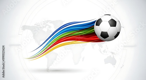 Soccer ball flying with colorful dynamic trails over a faint world map background for global sports concept