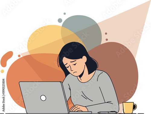 Stressed woman working on laptop, tired female employee feeling burnout at office desk, sad person suffering from mental exhaustion and fatigue