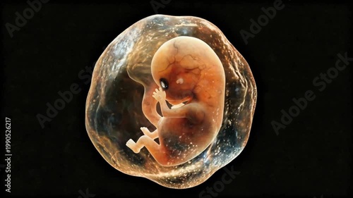 Human Embryo Development Inside Amniotic Sac Early Pregnancy Medical Illustration Dark Background