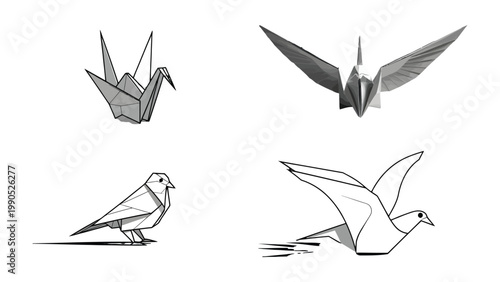 Artful Paper Cranes: Origami cranes in various poses, showcasing the art of folding and the elegance of paper craft.