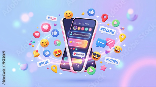Social media mobile app interaction concept with smartphone emoji notification chat interface design for digital marketing communication branding and online engagement use