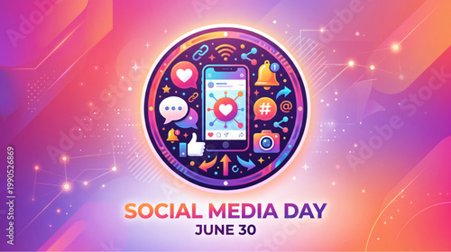 Social media day celebration concept with smartphone icon emoji notification chat symbols digital communication design for marketing branding promotion and online engagement use