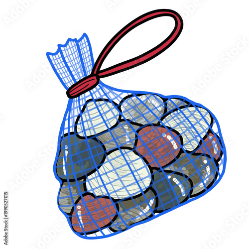 Cute hand-drawn clams in blue net bag illustration, fresh seafood harvest clipart transparent background