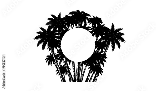 Black palm tree silhouette border frame with tropical hand drawn vector clipart