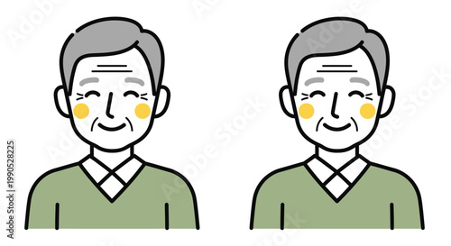 Smiling senior man illustration showing two different facial expressions for creative vector graphic on white background