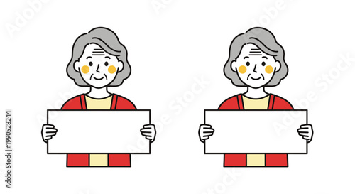 Smiling elderly woman holding a blank sign in a simple flat vector on white background