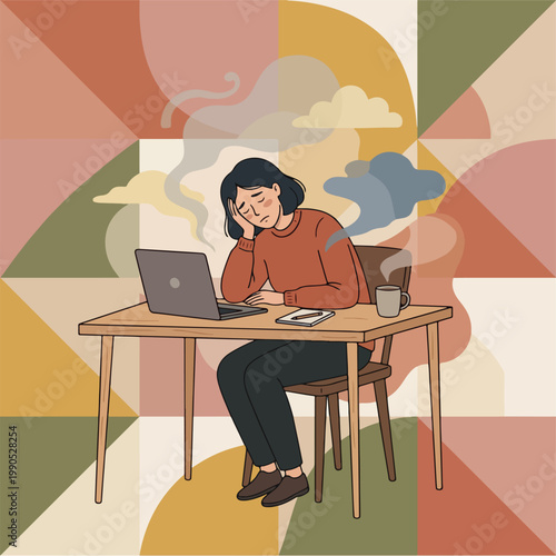 Burnout and mental exhaustion at work, tired woman sitting at desk with laptop, stressed employee feeling overwhelmed and fatigued in office