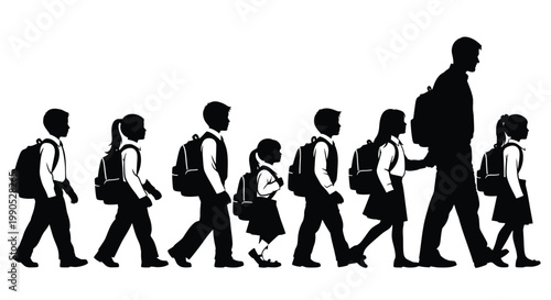 Silhouette vector illustration of school children walking together with their teacher on white background