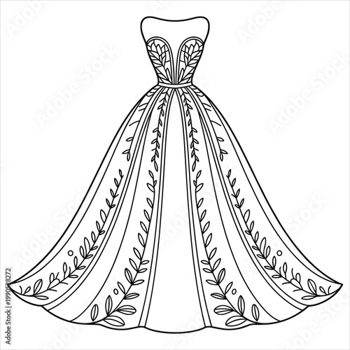 Black and white line of a strapless ball gown with leaf patterns