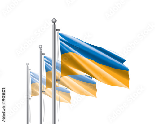 Brightly shining Ukrainian flags wave proudly on tall masts during official celebration events