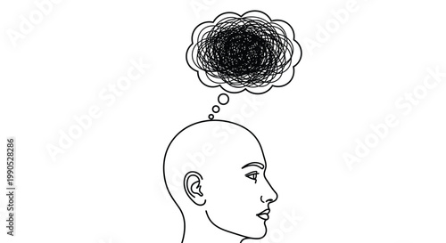 Minimalist vector illustration showing a person with a messy tangle of thoughts on white background