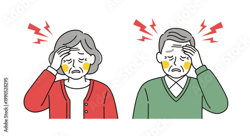 Elderly couple suffering from a severe headache in this flat vector illustration on white background