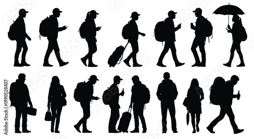 Silhouette collection of travelers and tourists walking with luggage and bags on white background