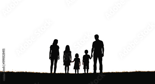 Silhouetted family holding hands during sunset depicted as a minimalist vector design on white background