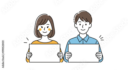 Happy young man and woman holding blank paper signs in flat vector illustration on white background