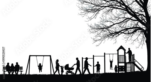 Diverse families and individuals enjoying recreational activities at a modern park playground on white background. on white background