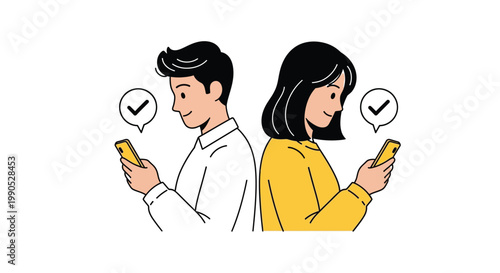 Young man and woman using smartphones to confirm digital messages shown on white background