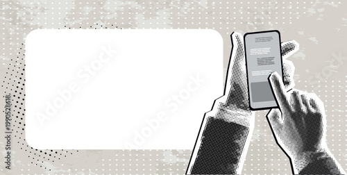 Trendy halftone collage Hand holding phone send e-mail, with a frame for your text. Trendy illustration for business, web banner social media.