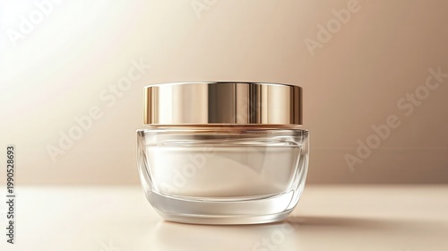 A luxurious skincare product in a clear glass jar with a gold lid on a beige background