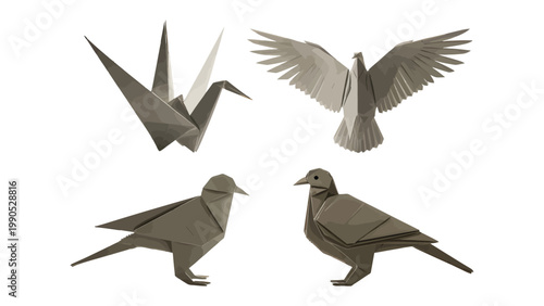 Origami Birds in Flight and Rest: Explore the delicate art of origami through various representations of birds, showcasing the beauty of paper folding, including a crane in a flying pose.