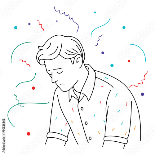 Lonely Man After Party Looking Sad and Exhausted With Confetti Doodle Style
