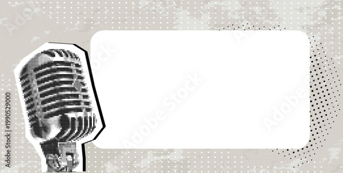 Trendy Halftone Collage microphone on half tone background with space for text or advertisement. Concept of interview and advertisement.