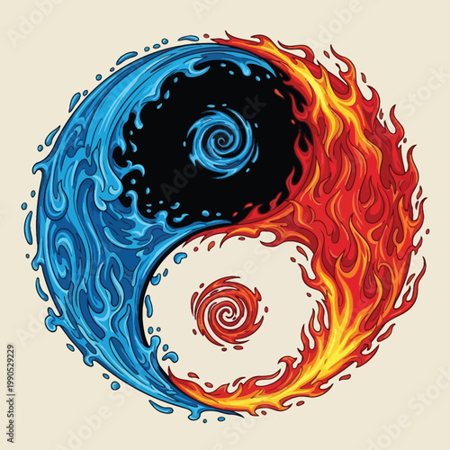Yin Yang symbol, fire and water elements, swirling spiral, balance and harmony concept, abstract vector illustration