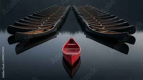 Perahu merah tunggal di depan barisan perahu hitam di danau yang tenang, menciptakan suasana damai dan refleksi alam yang menenangkan