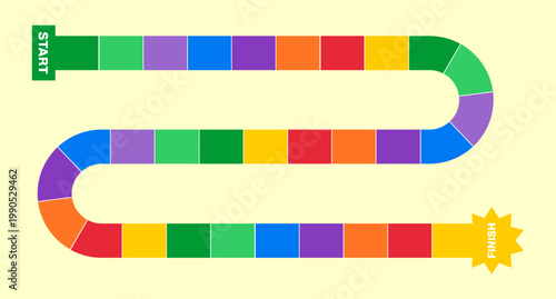 Board game path for kids activity book, colorful road map with start and finish tiles vector illustration.