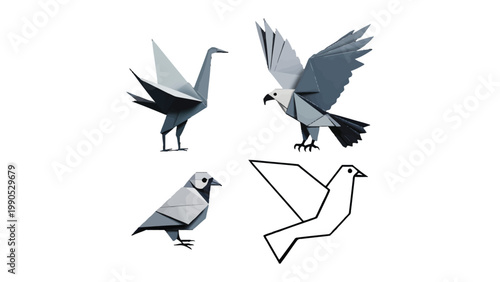 Geometric Birds Collection: A collection of four origami birds showcase the intricate artistry of paper folding, each piece representing a different bird and demonstrating creativity and precision.