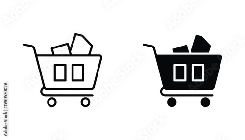 Shopping cart icon with items inside in linear and solid styles for e-commerce and retail website interface design and mobile app checkout user experience elements