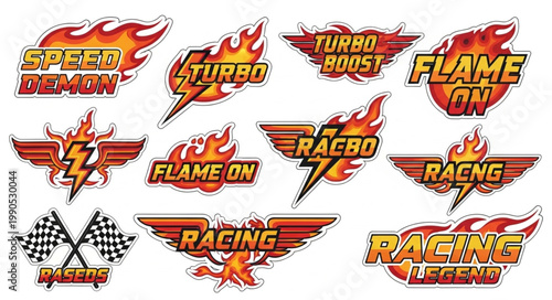 Collection of racing and speed themed graphic design elements.