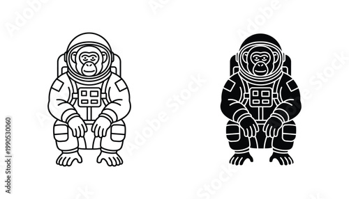 Astronaut chimpanzee character icon in space suit in linear and solid vector styles for science and aerospace branding or children space themed educational design