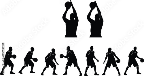 Basketball player silhouettes set, dribbling and shooting action poses, sport activity collection, athlete training isolated, dynamic movement illustration for fitness concept