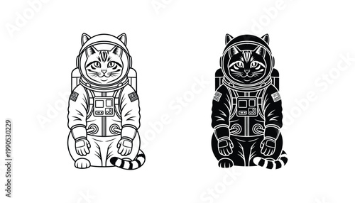 Cute astronaut cat character icon set featuring feline space explorer in spacesuit for sci-fi astronomy and children education projects in vector format