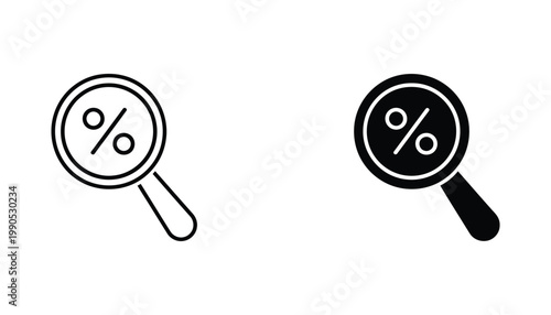 Percentage search magnifying glass icon set displaying financial analysis and discount discovery tools in high contrast black and white vector format