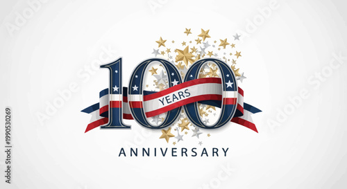 Patriotic 100th Anniversary Celebration Vector Logo with American Flag Colors Stars and Elegant Ribbon Design