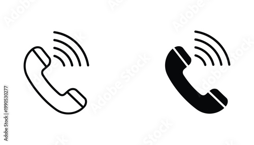 Telephone handset icon with radio signal waves in clean line art and solid black silhouette vector style for communication and customer support concepts
