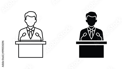 Professional speaker standing behind podium with microphones in line art and solid black vector style for corporate presentation concepts and public speaking events