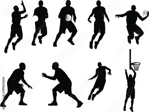 Basketball player silhouettes collection, jumping dribbling dunking actions, sport activity set, athletes in motion isolated, dynamic fitness training illustration concept
