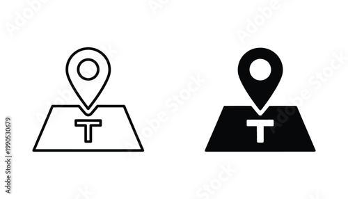 Location pin on map icon set in outline and solid black styles for navigation and geographic positioning user interface design