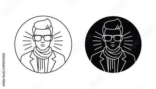 Stylish man with glasses and scarf icon set in outline and solid black circle styles for fashion profile and user avatar design concepts
