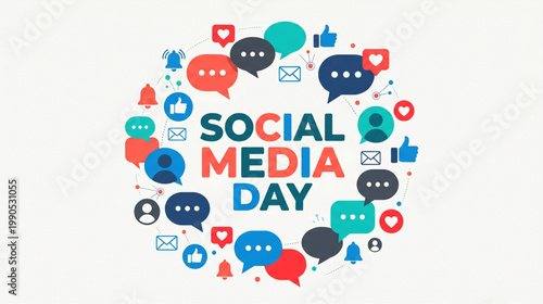 Colorful communication icons circle representing digital interaction engagement and online networking concept design created for celebration and awareness of social media day marketing use